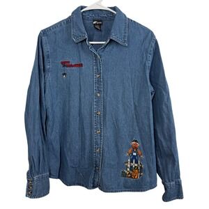 Vintage Halloween Denim Shirt Women's L Embroidered Pumpkin‎ Scarecrow 90s Y2K